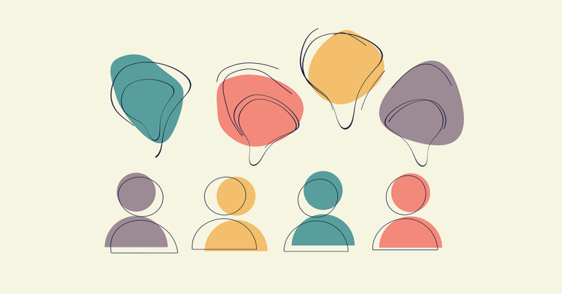 Simple stylized line art illustration of 4 people with speech bubbles above their heads.