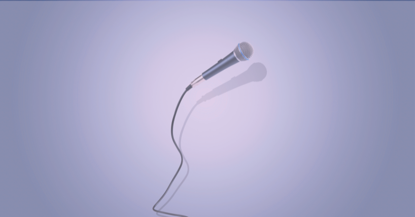 Microphone with cord hanging down on plain purple background.