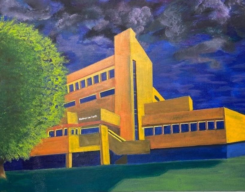 Painting of front of Kamloops Law Courts courthouse with tree in foreground.