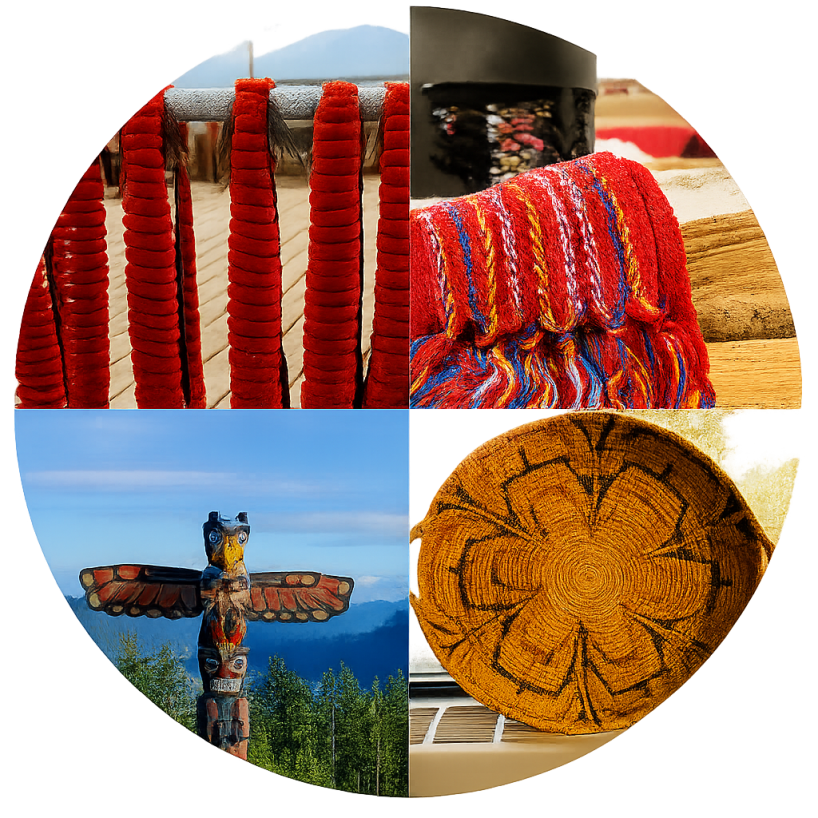 Circle image including salmon, Metis Sash, Totem pole and basket.