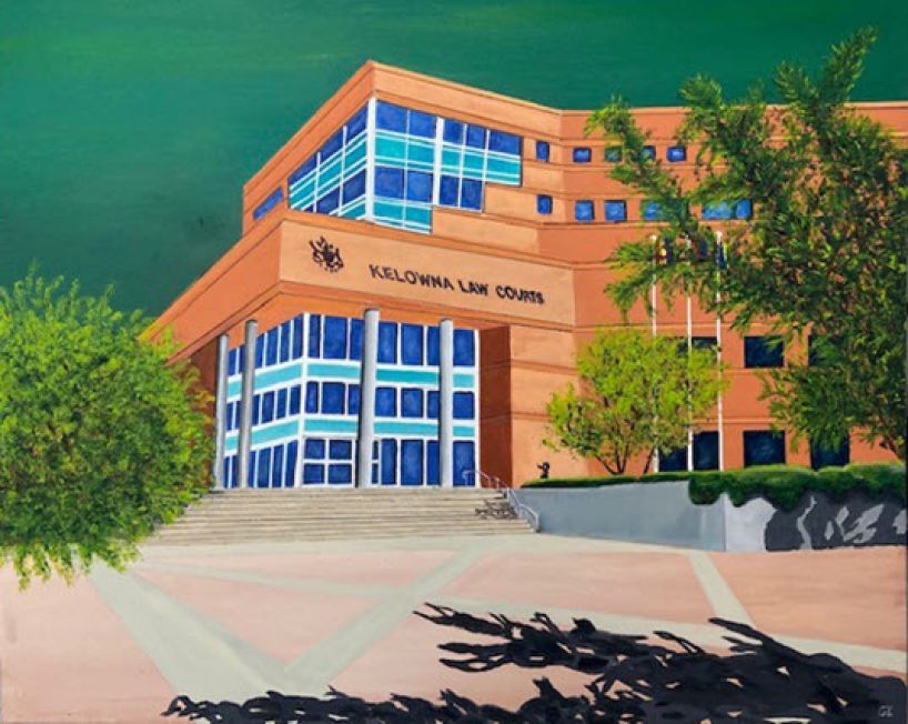Painting of front of Kelowna Law Courts courthouse
